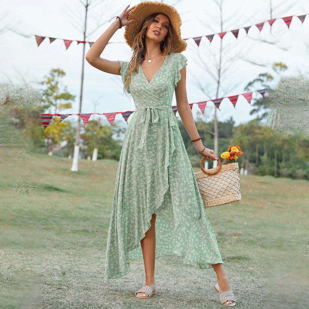 

2022 Summer V-Neck Lace up Flower Print Asymmetrical Long Elegant Dress Casual Fashion Sleeveless Long Dress Women's Dress