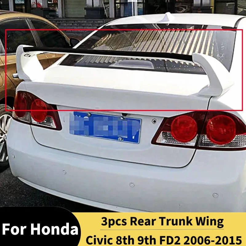 Фото Комплект из 3-х спойлеров для Honda Civic 8-го и 9-го поколений (FD2) 2006-2015: задний спойлер-антикрыло, тюнинг, фиксированное ветровое крыло, диффузор, обвес для автомобиля №1