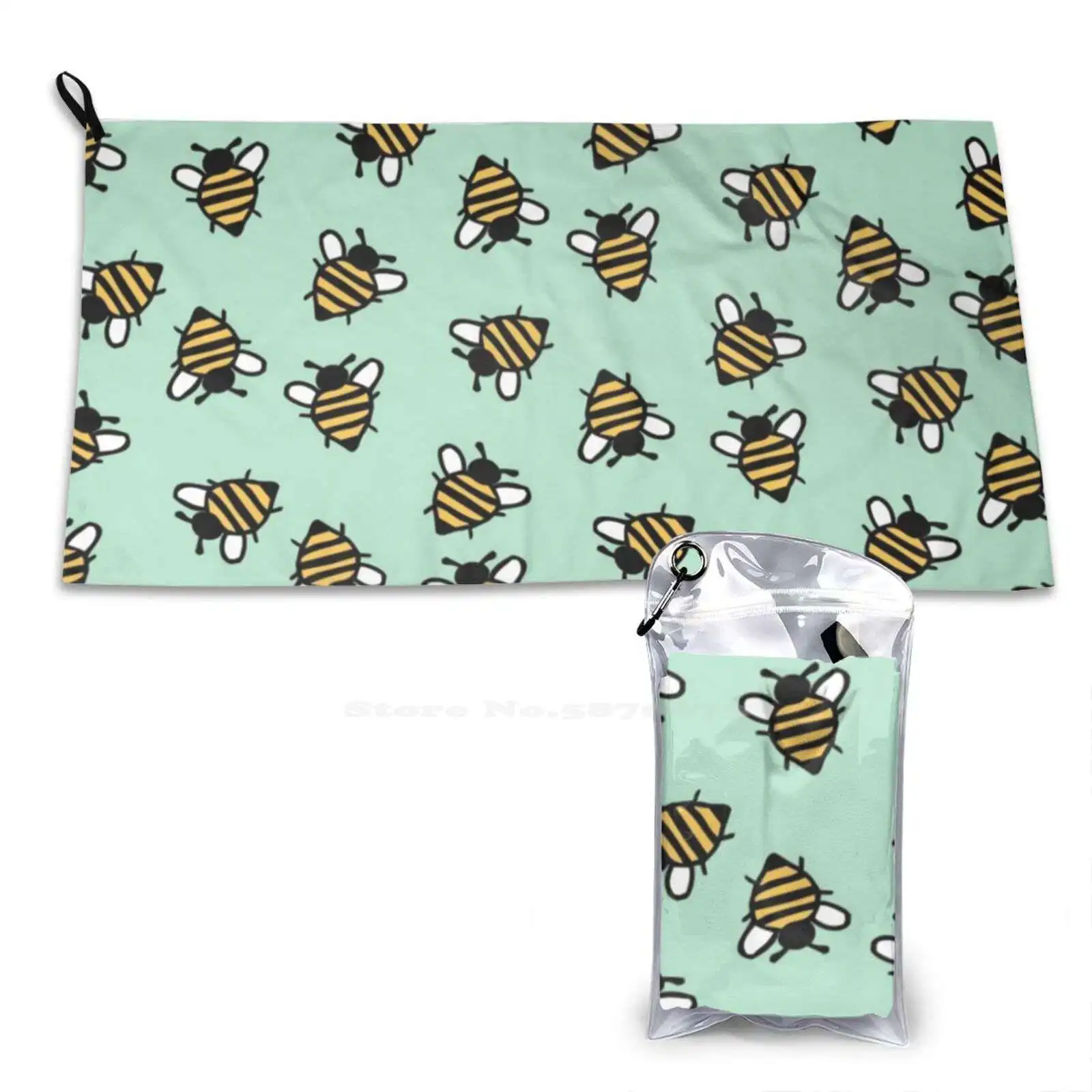 Microfiber Bath Towels Bumble Bees Insect Mint Yellow Black Cute Bee Pattern