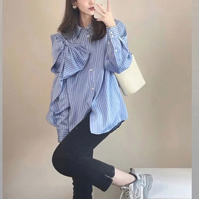 Женская однобортная рубашка в полоску свободная блузка с большим бантом и