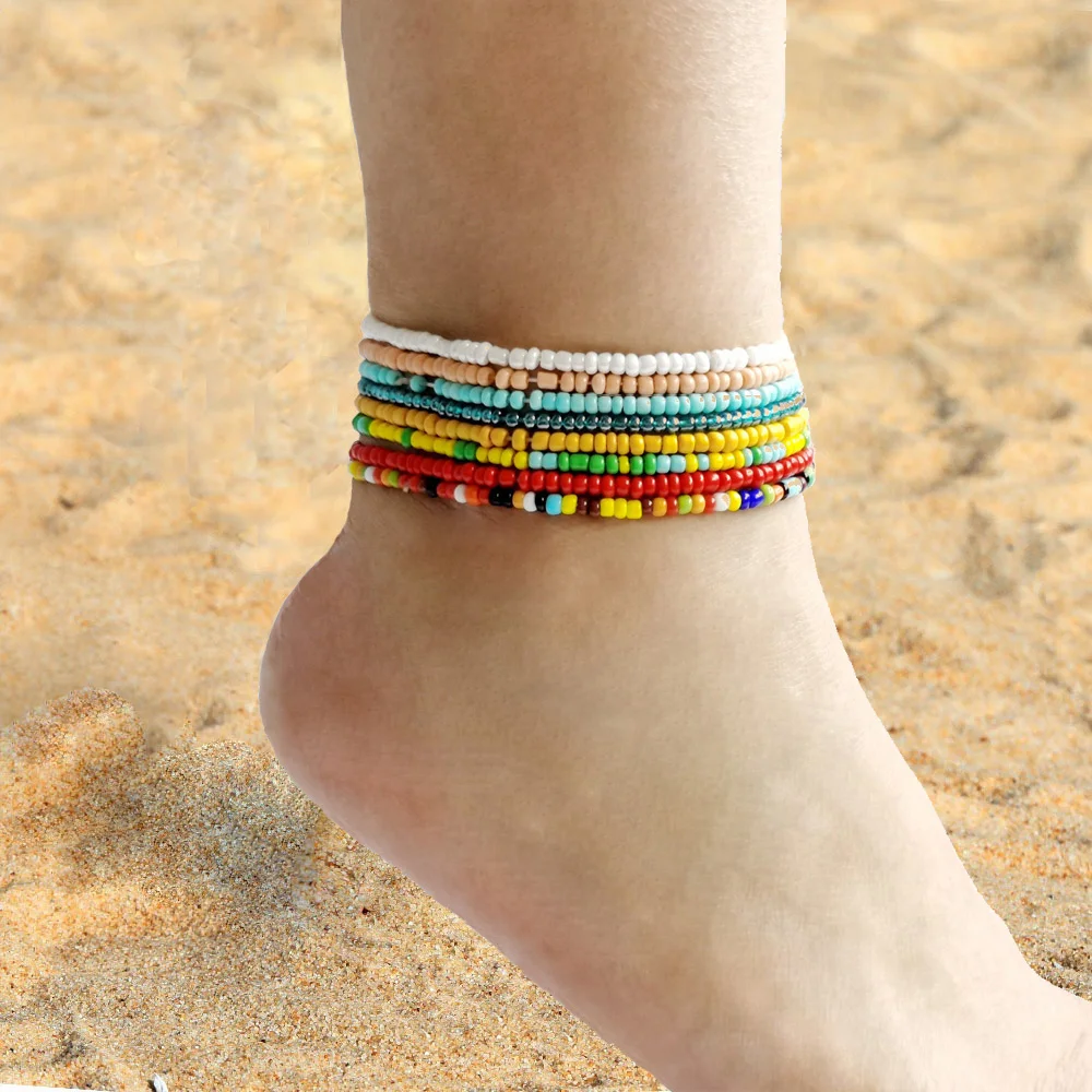 

Женский пляжный браслет на лодыжку, браслет ручной работы с разноцветными бусинами в богемном стиле
