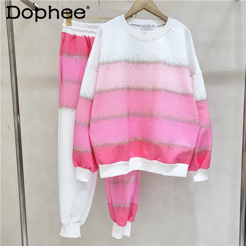 Hot Drilling Pink Pullover Sweatshirt Women Hoodies 2023 Spring New Tracksuit Fashion Elastic Casual Pants Female Two-Piece Set