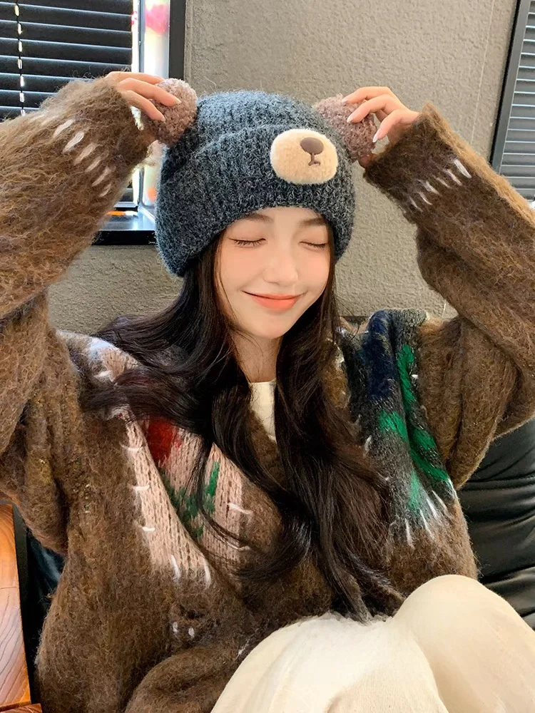 Универсальная вязаная шапка с милым медведем для детей осенне-зимняя новая