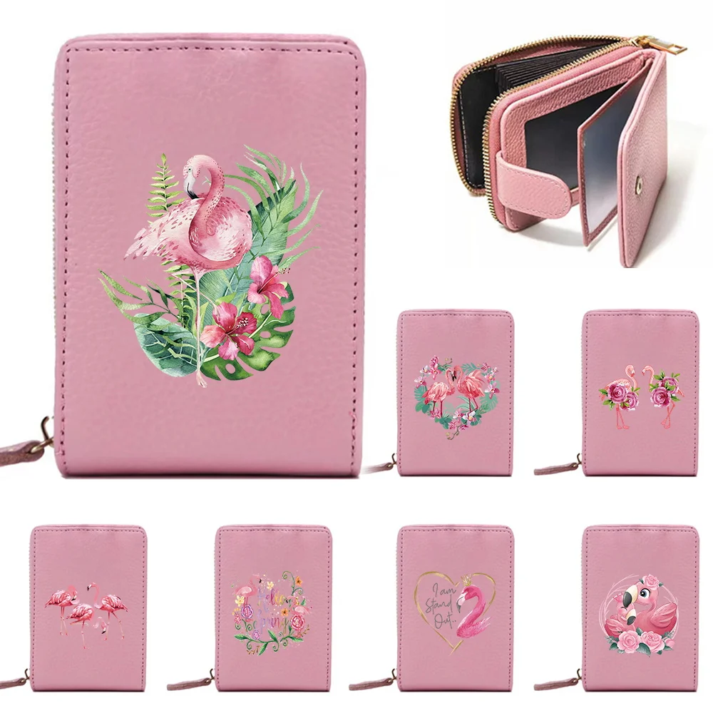 

Credit ID Card Holder Flamingo Pattern Slim Leather Wallet with Coin Pocket Women's Tower Buckle Money Bag Case Business Purse