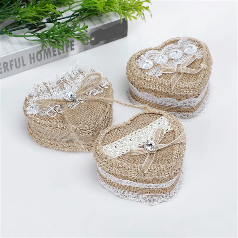 OPPOHERE Heart-shape Linen Ring Box Valentine's Day Vintage Country Wed Pastoral Ceremony Natural Ring Setting Storage Box 2022