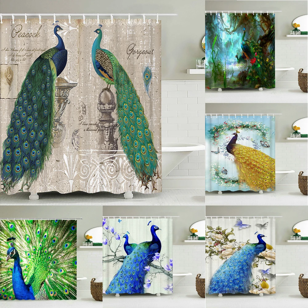 

Peacocks Shower Curtains Chinese Birds Feather Bathroom Curtain 3D Retro Flower Waterproof Polyester Bath Screen with 12 Hooks