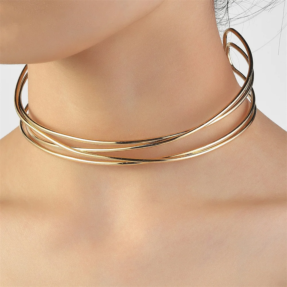 

2022 Golden Rigid Choker Necklaces For Women New Metal Line Torques Statement Jewelry Punk Chocker Collar Bib Necklace Fashion