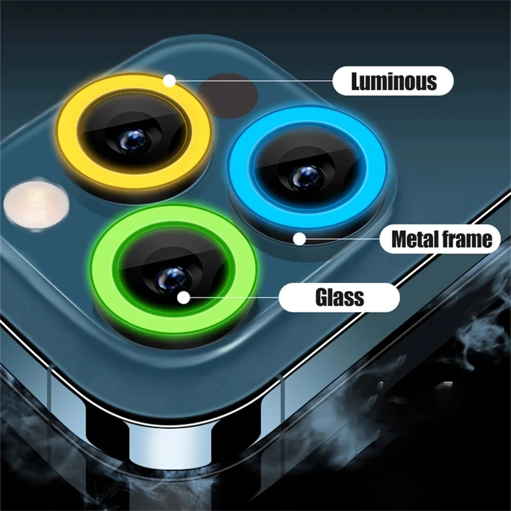 50pcs Luminous Lens Glass Protector For iPhone 14 12 13 Pro Max 12Mini Glowing Camera Glass Metal Ring For iPhone 11 14 Pro Max