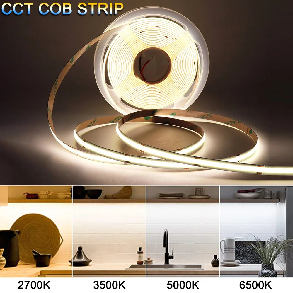

5mm CCT COB LED Strip 12V 24V 2 Wire 2700~·6500K Color Temperature Dimmable CRI 90 Super Thin FOB LED Tape Light for House Decor
