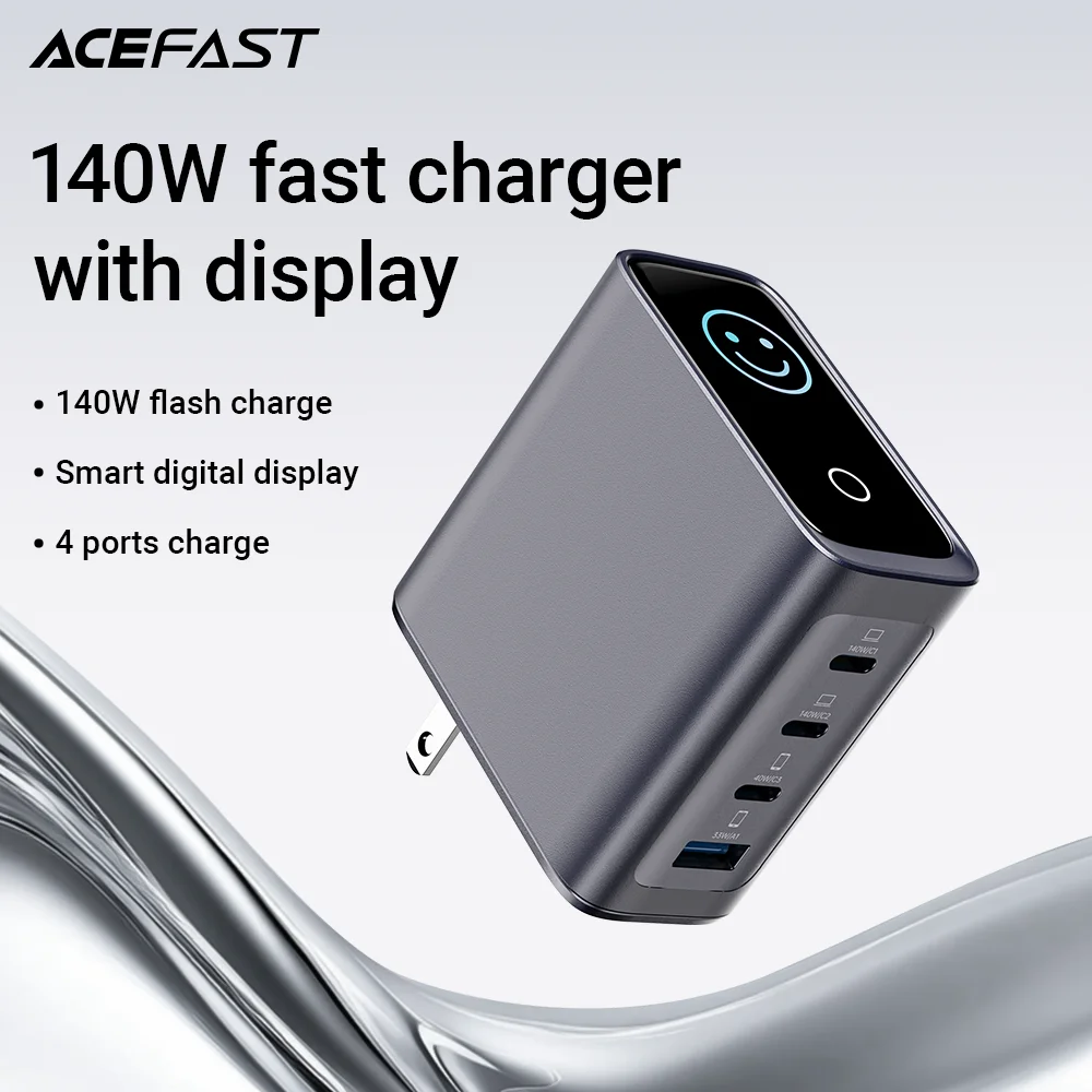 Фото Зарядное устройство ACEFAST US Plug GaN 140W с быстрой зарядкой и LED-дисплеем для iPhone 17/16 Pro Max, USB-C, USB-A, сетевой адаптер для путешествий №1