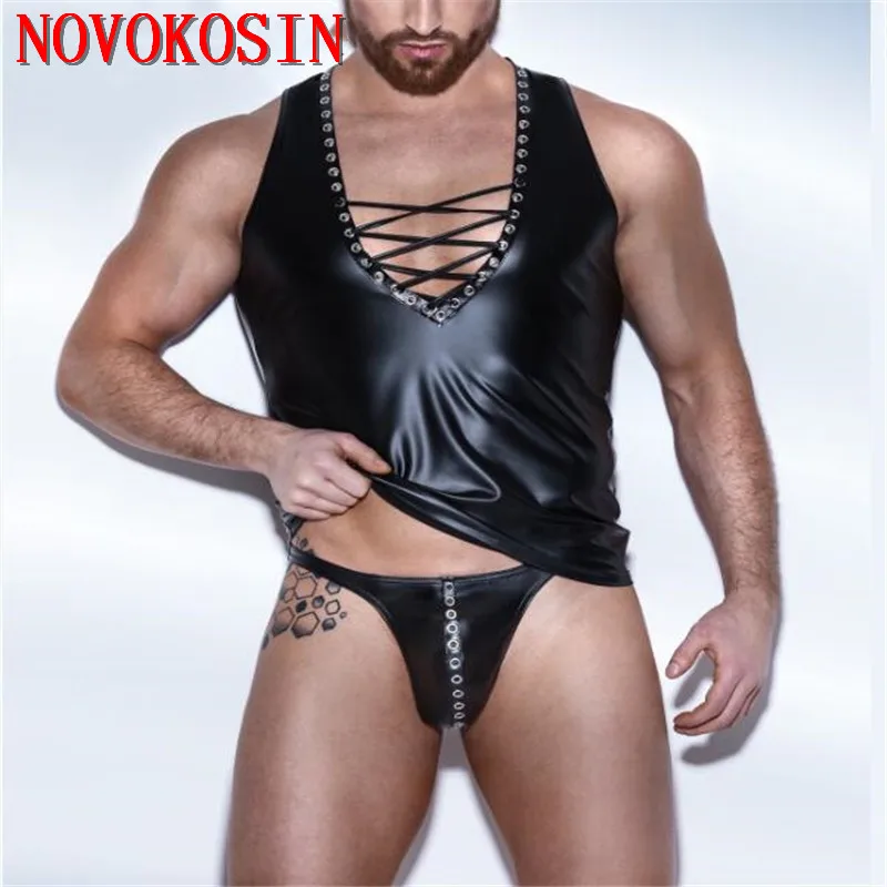 

Summer Style Fashion Underwaist Black Matte Faux Leather Men Sexy Lingerie Top Tees Fitness Bandage Front Rivet Night Club Vest