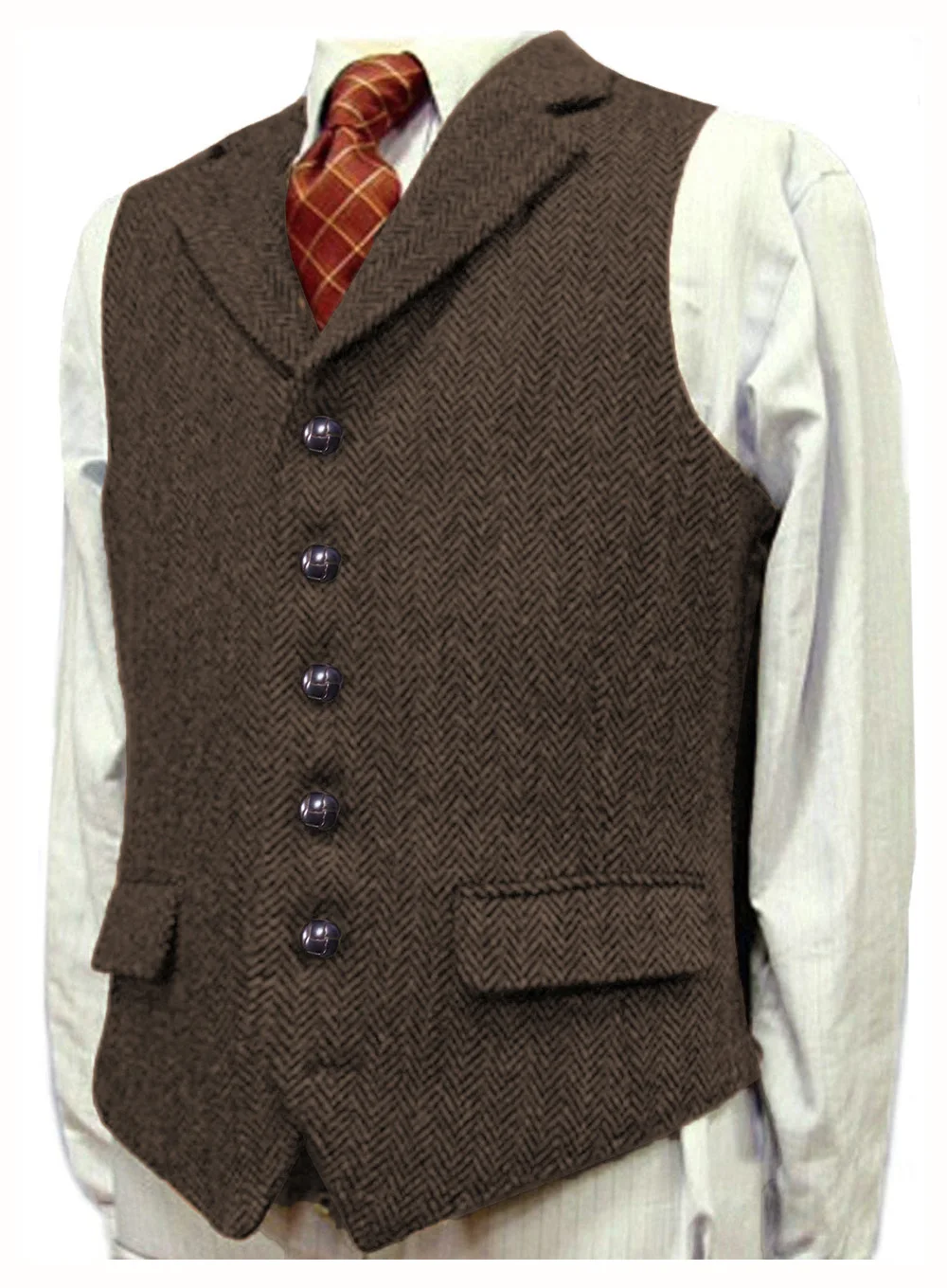 

Men's Vest Coffee V Neck Boutique Herringbone Wool Tweed Slim Fit Waistcoat Casual Formal Business Groomman For Wedding