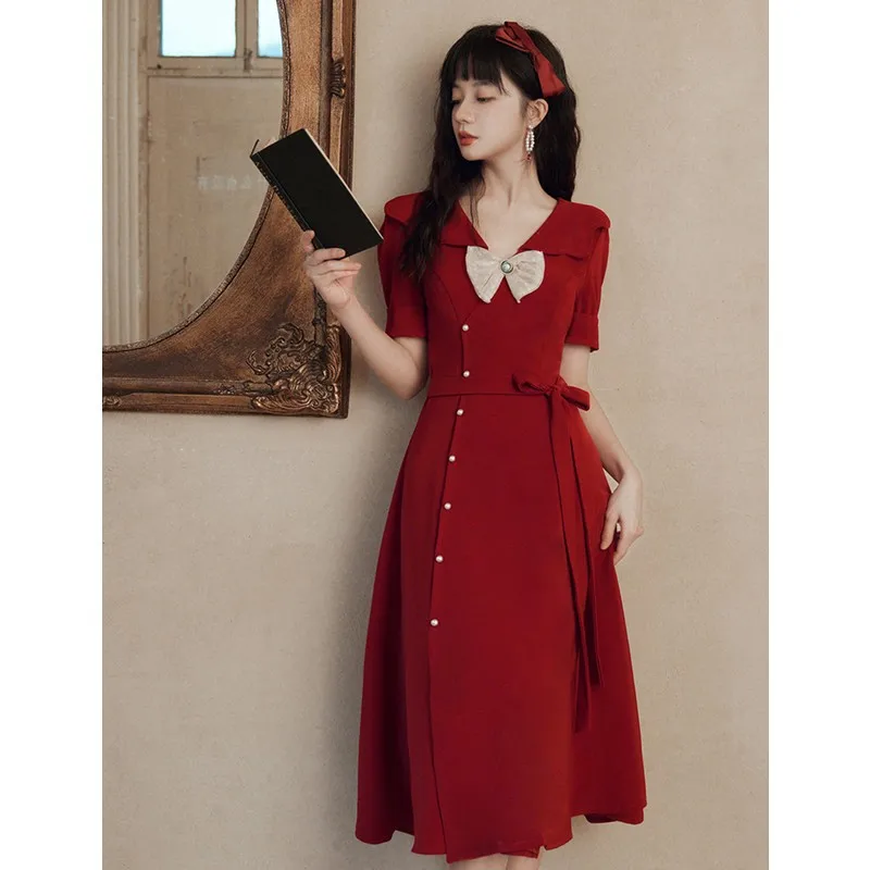 

Женское винтажное вечернее платье, простое винтажное платье винного цвета с бантом, классическое платье-трапеция с V-образным вырезом и коротким рукавом, 2023