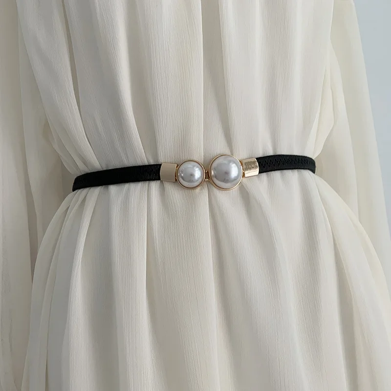 

New Ladies Thin Belt Female Fashion Dress Decorative Pearl Pair Buckle Elastic Waist Seal Strap Ladies Pearls PU leather Belts
