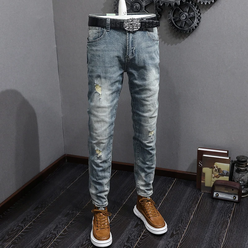 Newly Vintage Fashion Men Jeans Retro Blue Stretch Slim Fit Hole Ripped Jeans Men Trousers Casual Designer Denim Pants Hombre