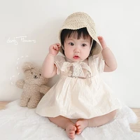 ins 2022 new summer dresses for baby girls baby square collar solid color bubble short sleeved skirt jumpsuit