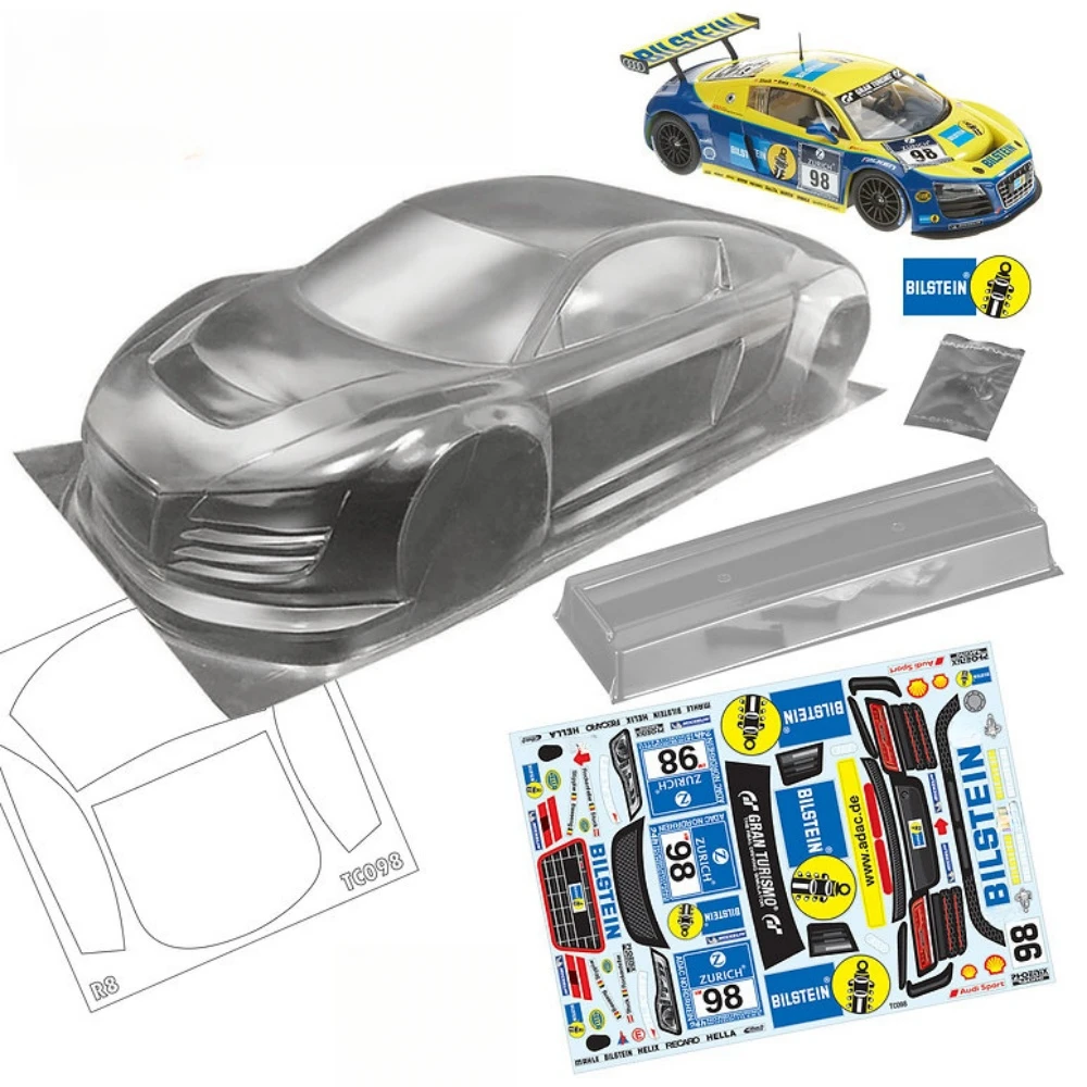 Масштаб 1/10 Aoudi R8 Clear Lexan Body W/Rear Wing подходит для Tamiya TT01 TT02 XV01 XV02 RC Шасси Kyosho fazer mk2 257-260