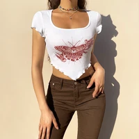 women summer sexy tops short sleeves u neck retro butterfly print triangle cut t shirts streetwear