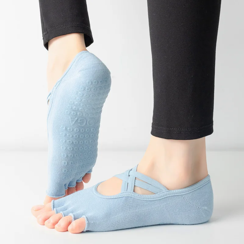 Solid Color Women Yoga Socks Five Fingers Bandage Ballet Pilates Socks Silicone Anti-slip Toeless Female Lady Dance Sports Socks