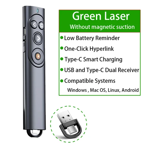 100m USB & Typc-c беспроводной Презентер PPT Page Зеленая лазерная поворотная ручка два порта указка Тип C Зарядка для проектора слайд ноутбука