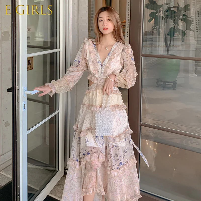 

Party High Waist Vintage A-Line Dress Elegant Spring Dresses Women Autumn Boho Runway 2021 Lace Long Sleeve Luxury Embridery