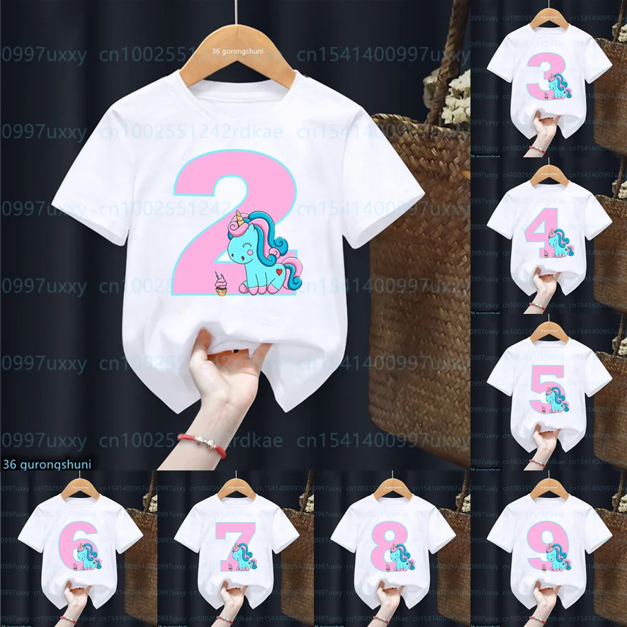 

Funny Pink Ice Cream Kawaii Unicorn T Shirt Happy Birthday Gifts Number 2-10th T-Shirt Girls Kids Clothes Short Sleeve Baby Tops