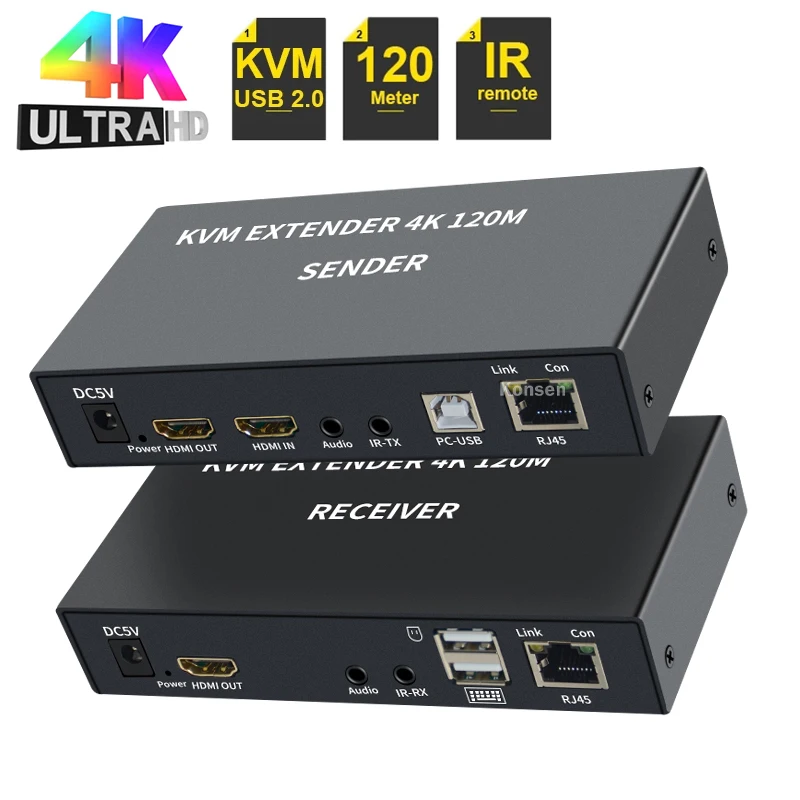 Extensor KVM 4K 120M HDMI a través de Cat5e/6 Rj45 Cable Ethernet HDMI USB extensor con Audio de bucle IR soporte USB teclado ratón