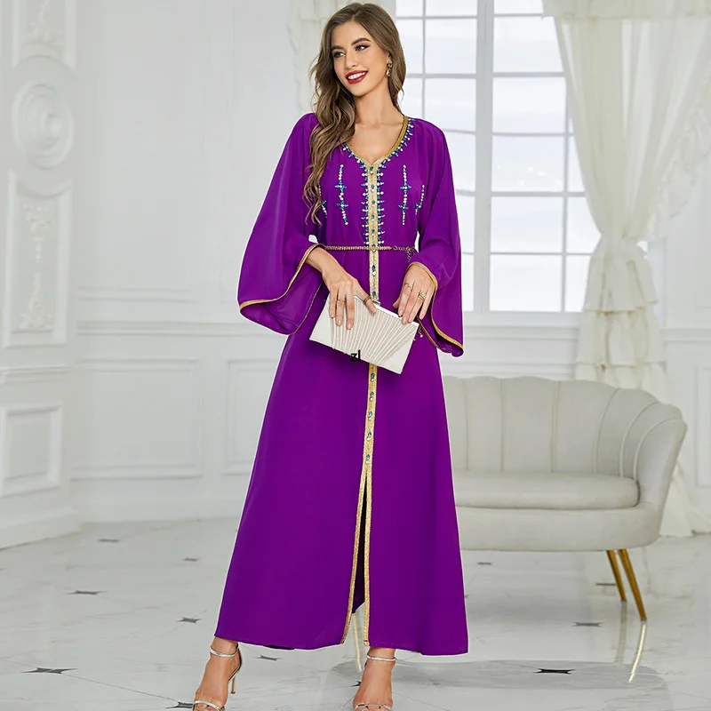 Ramadan Moroccan Kaftan Handsewn Diamonds Dubai Abayas for Women Black Party Evening Long Arabic Dress Muslim Caftan Jalabiya