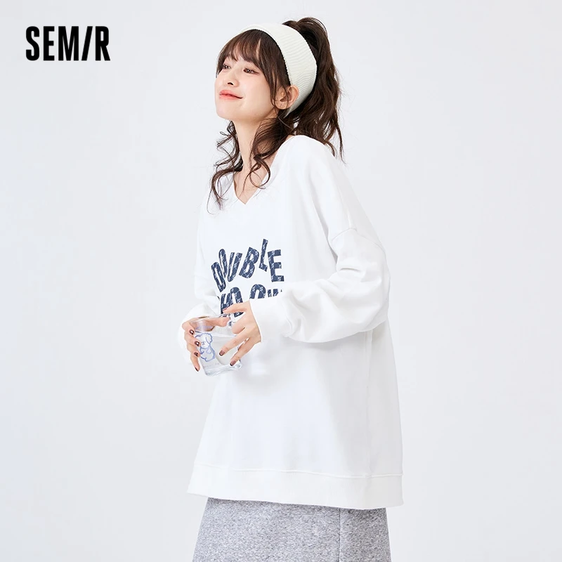 

SEMIR Sweatshirt Women Mid-Length Oversize Lazy 2022 Spring New Street Style Letter V-Neck Pullover Trend Hoodie