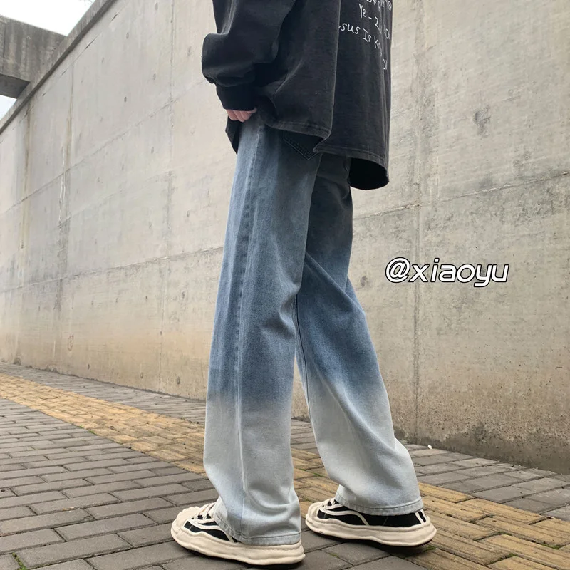Blue Black Baggy Jeans Men Fashion Gradient Jeans Men Japanese Streetwear Hip-hop Loose Straight Denim Pants Mens Trousers M-5XL