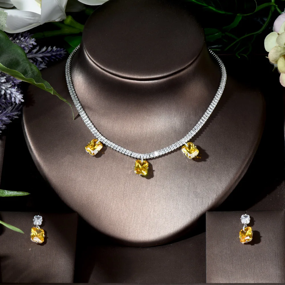 

Fashion Temperament 2pcs Square Design Necklace and Earring Sets Four Colors Jewelry Set for Women Bridal Christmas Gifts N-972