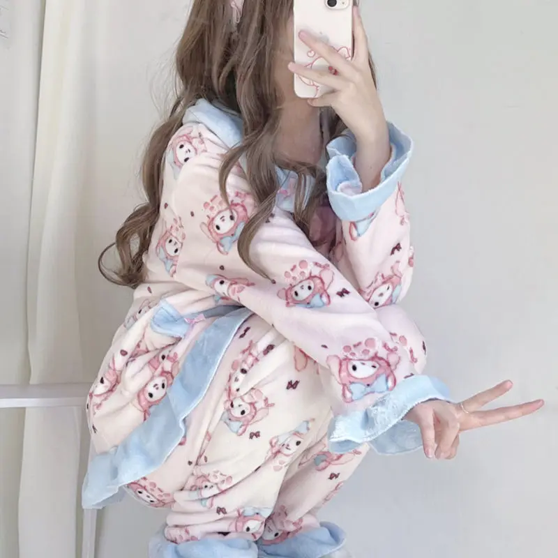 

Kawaii Sanrios пижамные комплекты зимняя фланелевая теплая мягкая одежда для сна My Melody мультяшный аниме Повседневный пижамный комплект с длинным ...