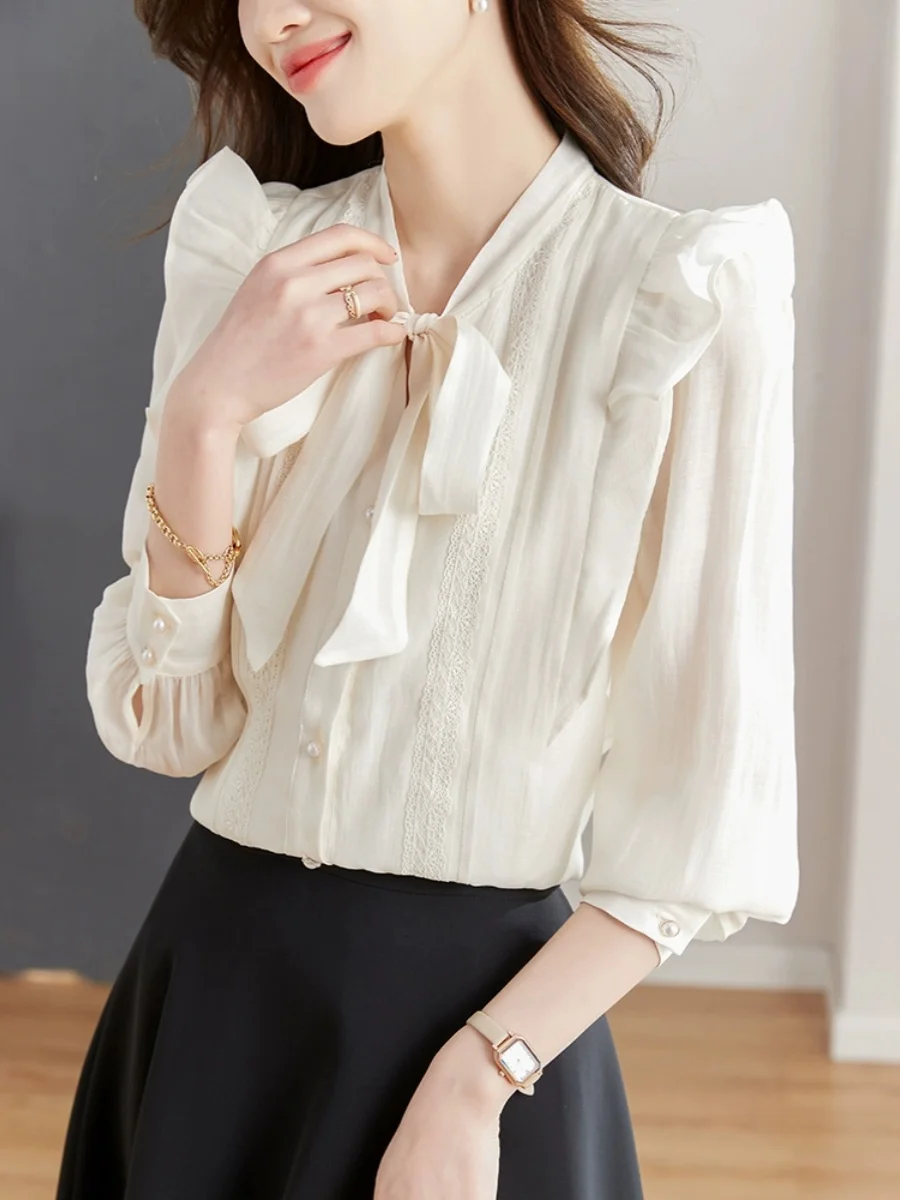 Шифоновые рубашки с французским бантом женские весенние 2024 новая рубашка в стиле