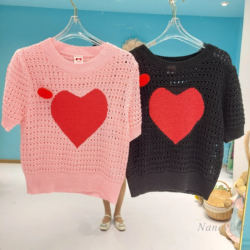 

Korean Style Hollow Knit T-Shirts Womens Simple Bottoming Top Three-Dimensional Heart Printing O-neck Short Tee 2022