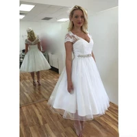 2019 new knee length a line wedding dresses v neck short sleeve appliques lace bridal gowns vestido de novia custom made