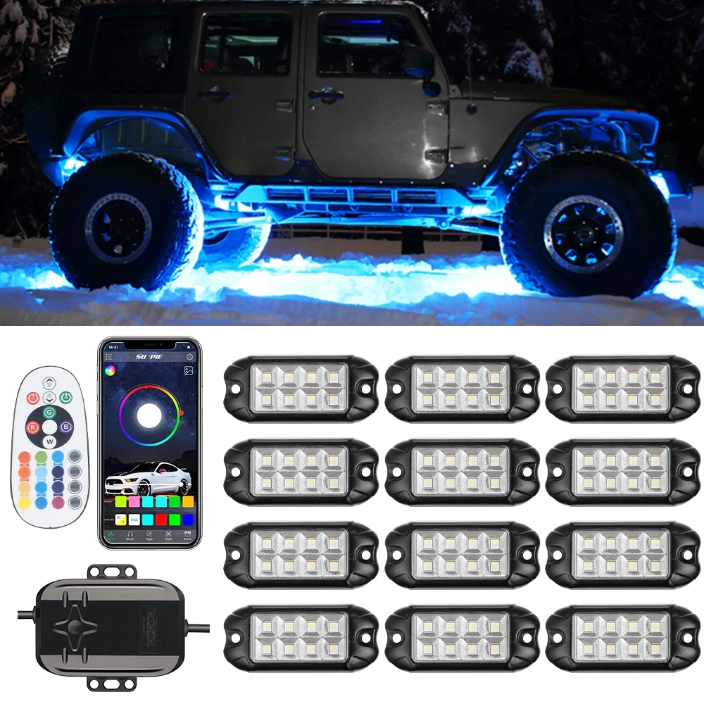 

Sunpie 12 капсул RGB-W светодиодные комплекты рок-фар для внедорожника ATV SUV под колесом 4X4 с мобильным приложением/дистанционным управлением