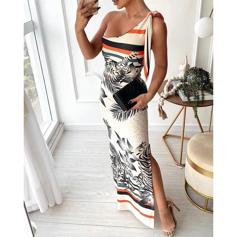 

Women Dress Summer Fashion Slim Floral Print Slit Dress Women's Sexy Spaghetti Strap Strapless Lace-up Backless High Waist Dress