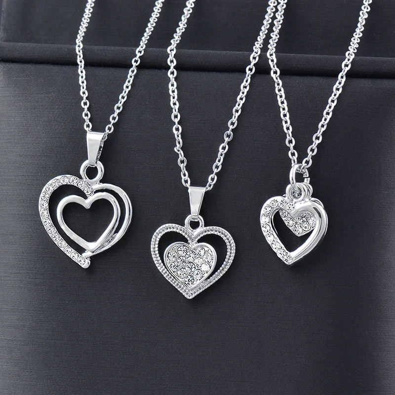 

SINLEERY korean fashion Silver Color Heart Chains With Pendants Stainless Steel Necklace For Women Crystal Choker Neck XL876 SSK