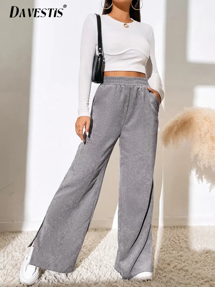 

Corduroy Casual High Waist Wide Pants Women Winter New Loose Comfortable Slit Straight Trousers Solid Color Elastic Waist Pants