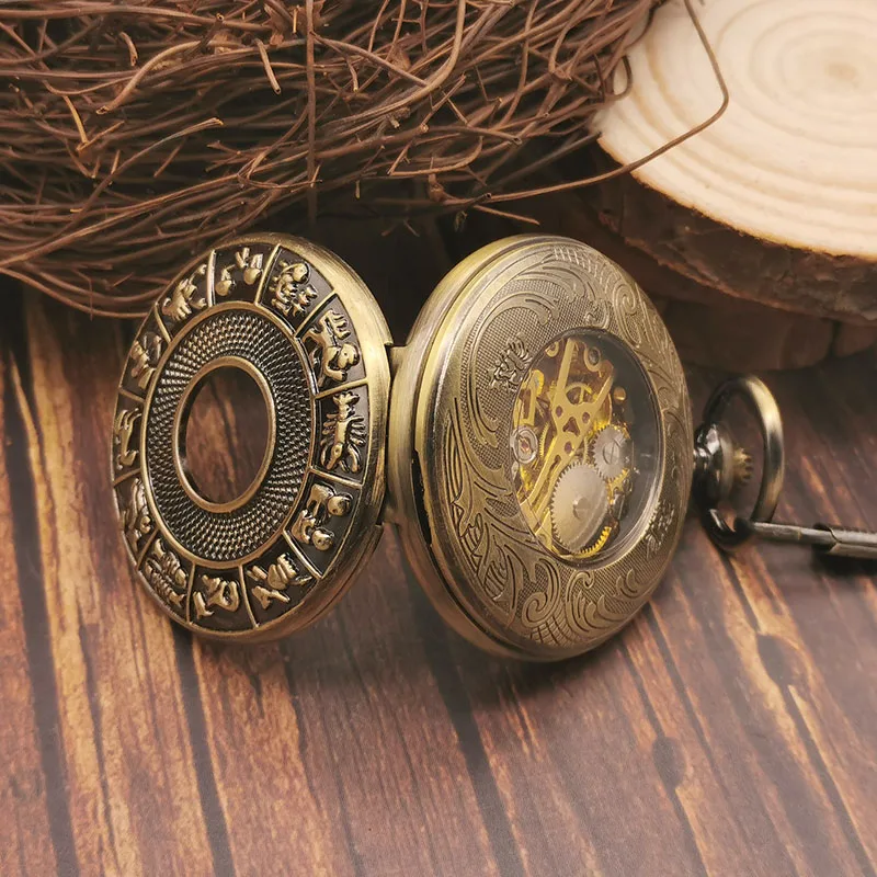 The face is engraved with twelve constellations retro pocket watch Arabic numerals display men's women's gift