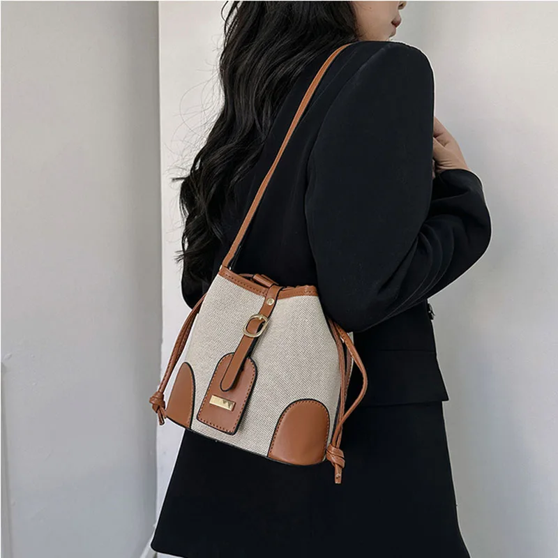 New Canvas Bag for Women Contrast Bucket Handbag Fashion Simple Shoulder Messenger Bags Casual Crossbody Commute Portable Satche