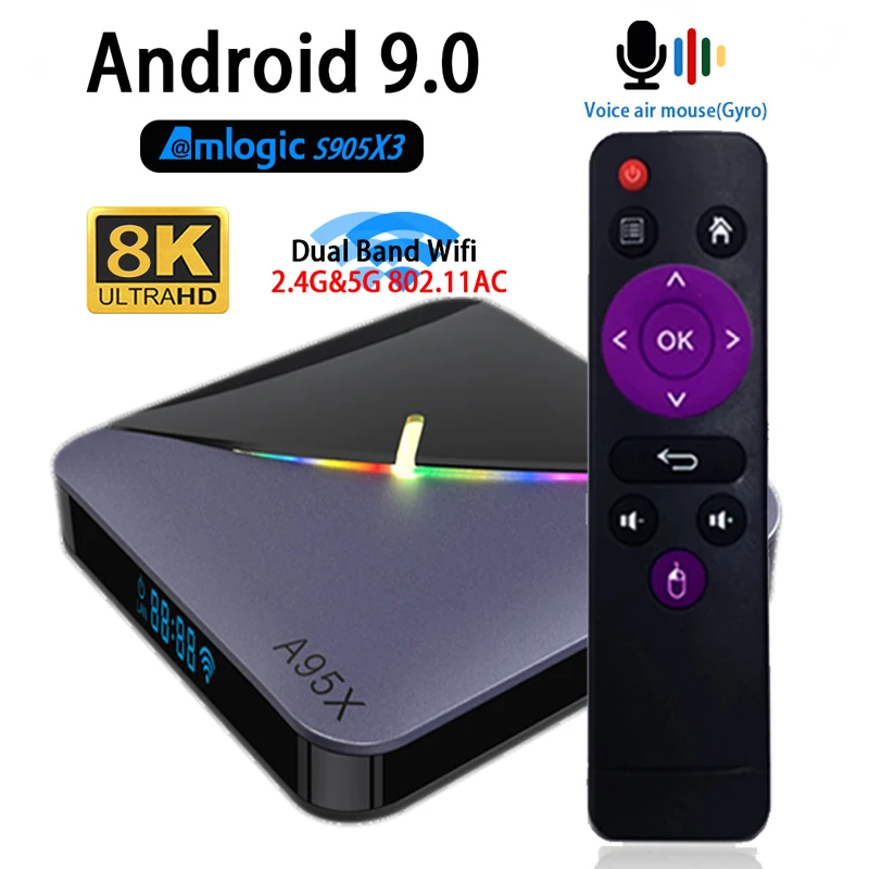 

8K Android 9.0 TV Box S905X3 ROM 4GB RAM 64GB 32G Set Top Box 1000M Dual Wifi 2.4G&5.8G Air RGB Light TV Box