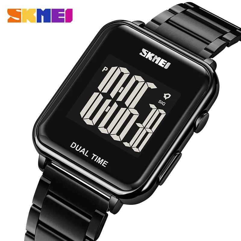 

SKMEI Stainless Steel Digital Watch Luxury Brand Men's Wristwatch 2Time Week Calendar Electronic Watch Sport Stopwatch Clock