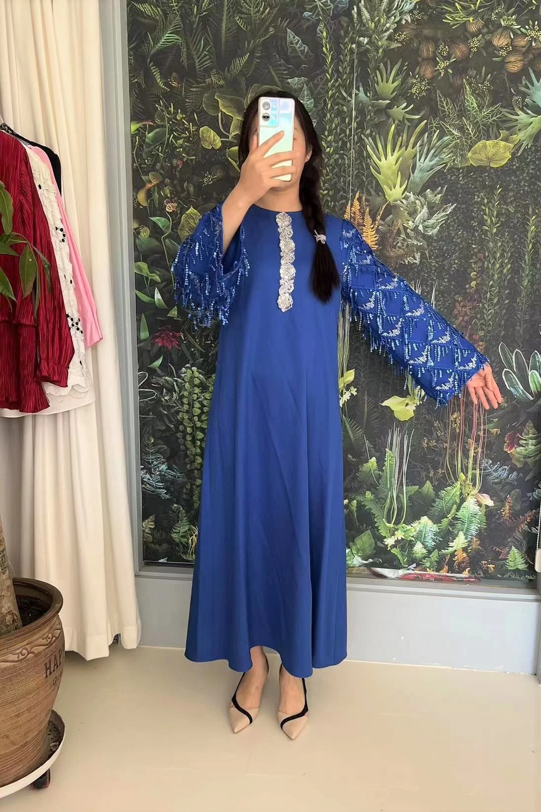 Muslim Arab Dubai Women Embroidered Sequin Loose Dress Long Sleeves Islamic Arabic Eid Mubarak Kaftan Abaya Turkey Long Dress