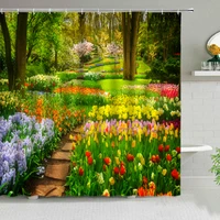 pastoral flowers shower curtain forest green leaves plants tulip floral garden scenery waterproof bath curtains bathroom decor