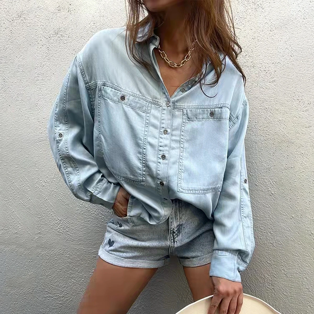 

Pockets Retro Blouse Woman Autumn Turn Down Collar Single Breasted Cozy Shirts Female Vintage Classic Chemise Tops