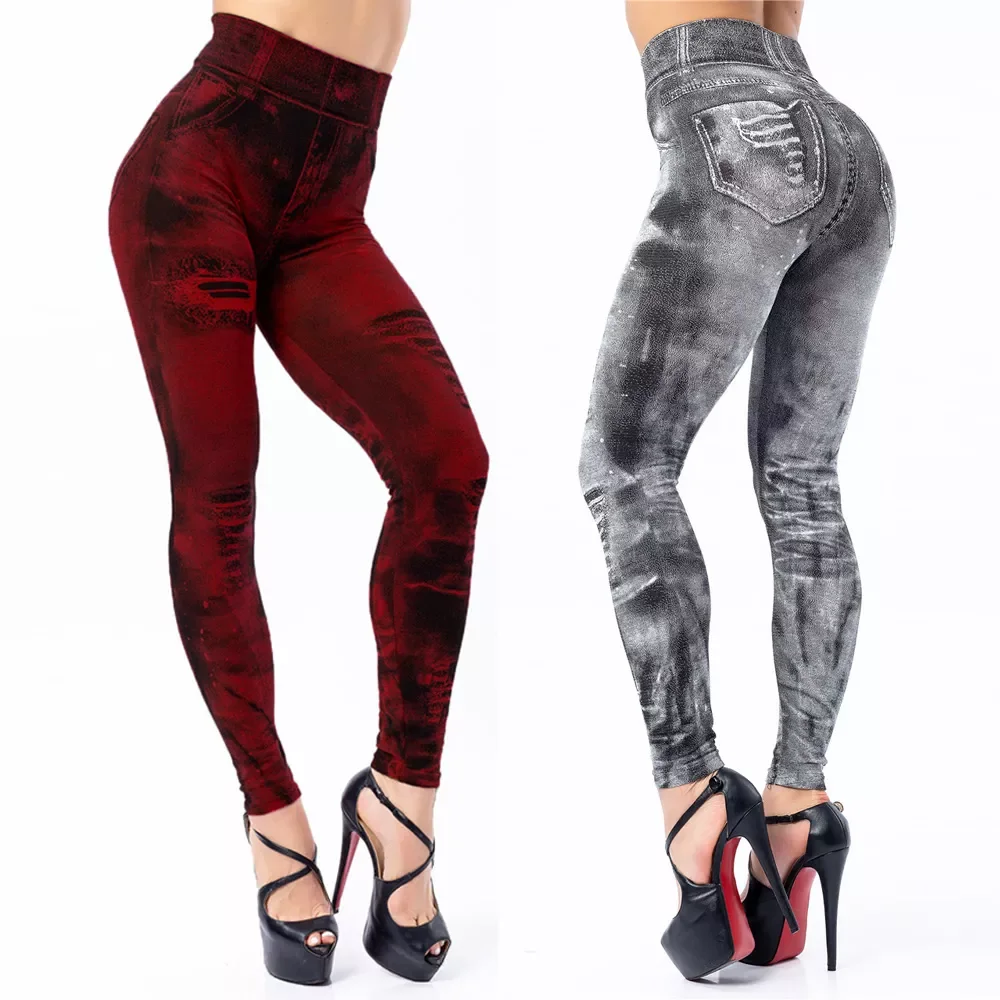 

Summer Thin Sexy Pants Jacquard Knitted Jean Leggings Women Slim Casual Seamless Legging 8 Colors High Waist Leggins