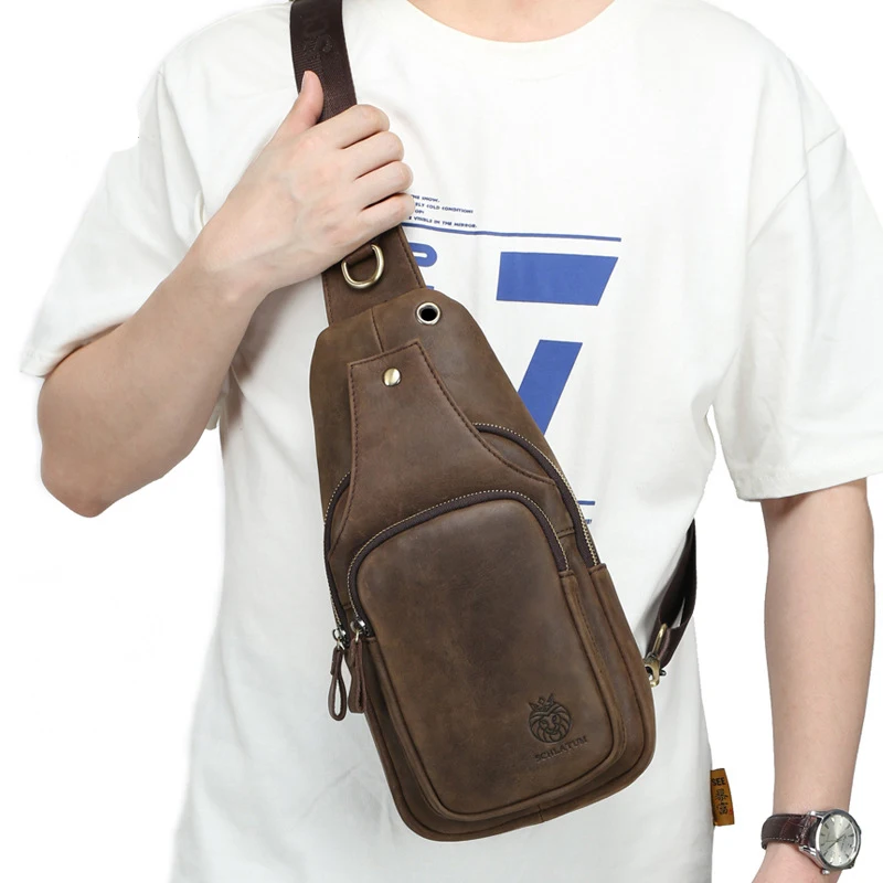 New Genuine Leather Men's Chest Bag Vintage Messenger Crossbody Sling Bag Large Capacity One Shoulder Front Satchel Bag for Male