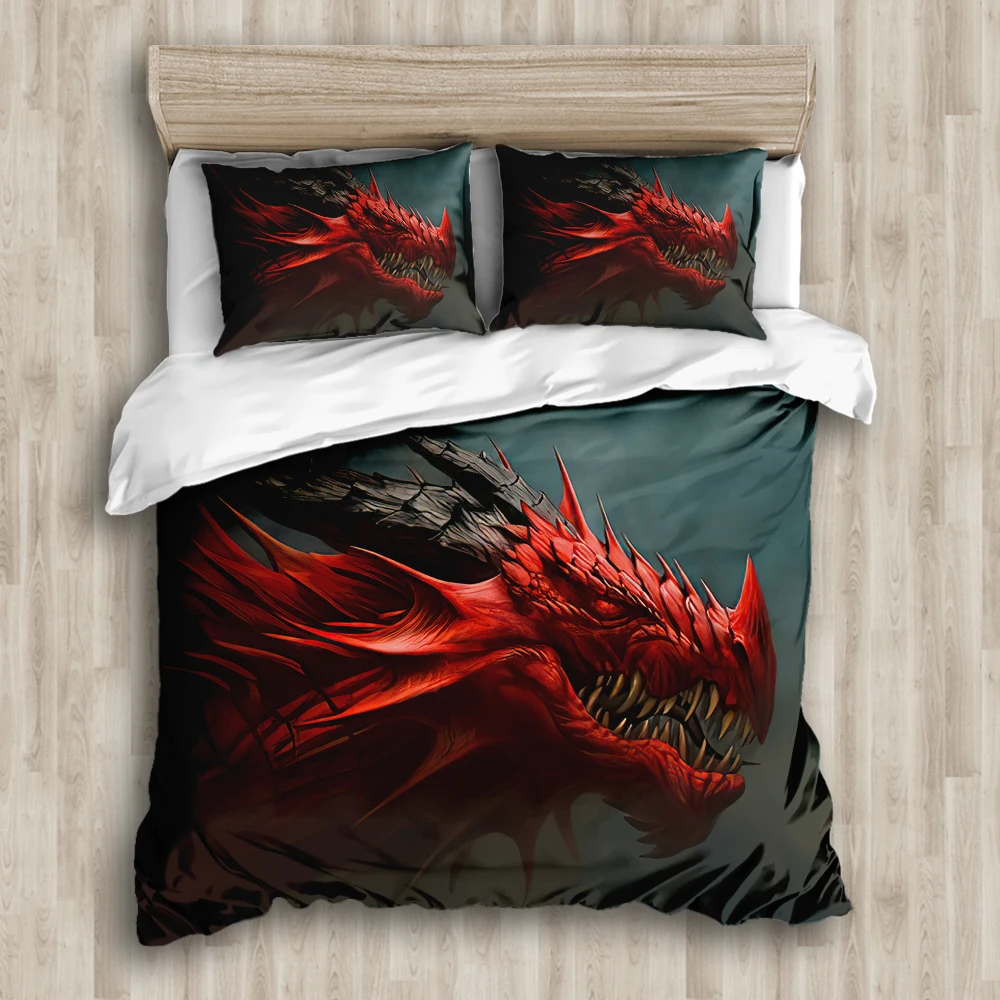 

Комплект постельного белья из полиэстера для мальчиков и девочек, комплект с большим пододеяльником и 3D-принтом дракона серого, красного цв...