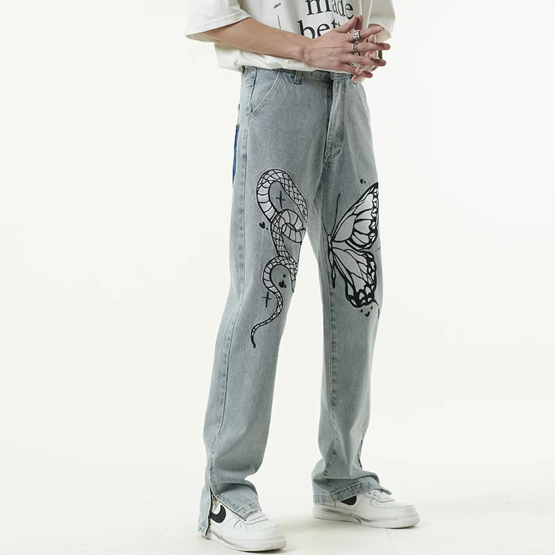 Hip Hop High Street Butterfly and Snake Embroidery Straight Jeans Pants Men's Ankle Pockets Loose Denim Trousers  men clothing